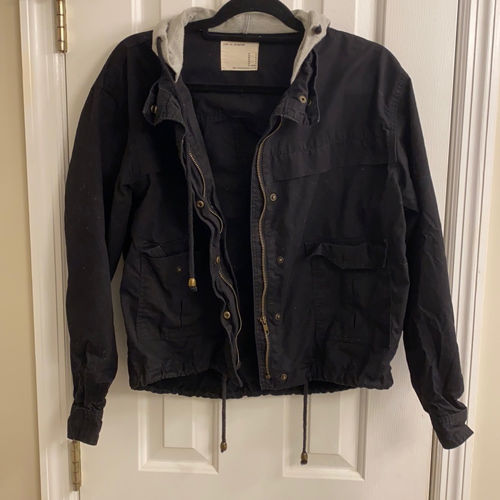 Black bomber jacket with grey hood